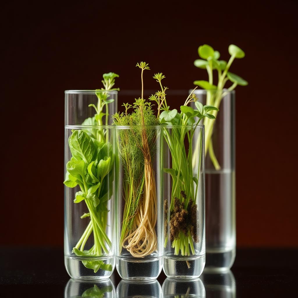 Fresh herbs and microgreens in laboratory glassware